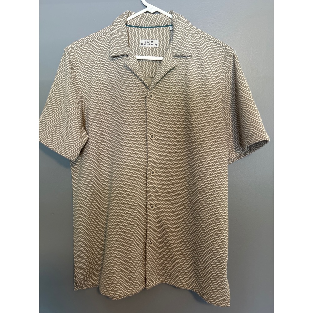 Ike Behar Mens Small Tan Geometric Textured Short Sleeve Camp Collar Shirt